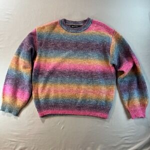 Motel Rainbow Stripe Fuzzy Knit Sweater Women Small Pullover Crew Neck Soft Cozy